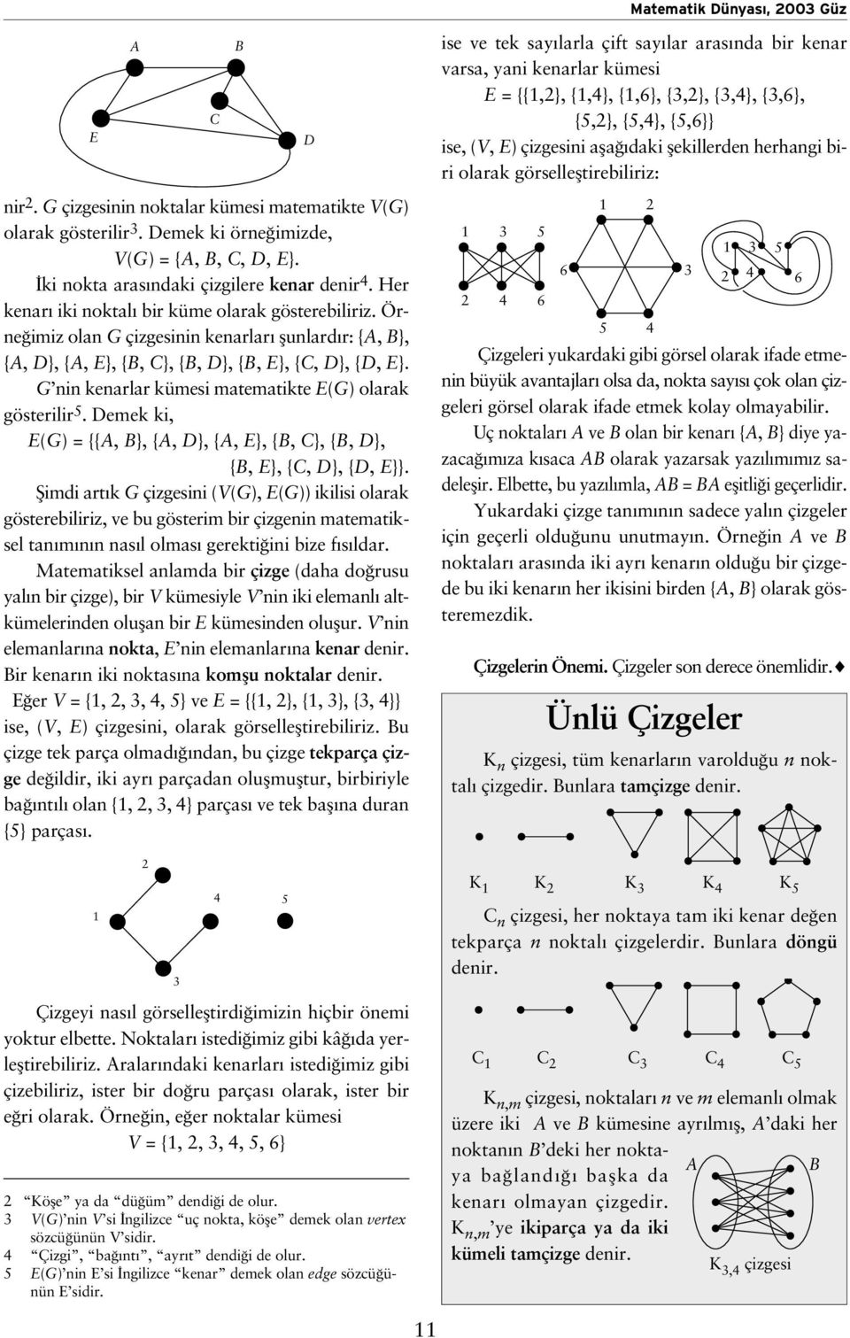 G nin kenarlar kümesi matematikte E(G) olarak gösterilir 5. Demek ki, E(G) = {{, B}, {, D}, {, E}, {B, C}, {B, D}, {B, E}, {C, D}, {D, E}}.