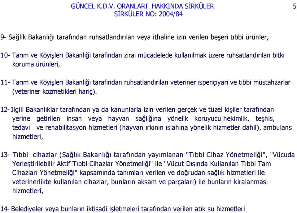 12- İlgili Bakanlıklar tarafından ya da kanunlarla izin verilen gerçek ve tüzel kişiler tarafından yerine getirilen insan veya hayvan sağlığına yönelik koruyucu hekimlik, teşhis, tedavi ve