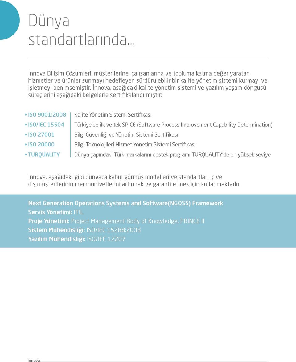 İnnova, aşağıdaki kalite yönetim sistemi ve yazılım yaşam döngüsü süreçlerini aşağıdaki belgelerle sertifikalandırmıştır: ISO 9001:2008 ISO/IEC 15504 ISO 27001 ISO 20000 TURQUALITY Kalite Yönetim