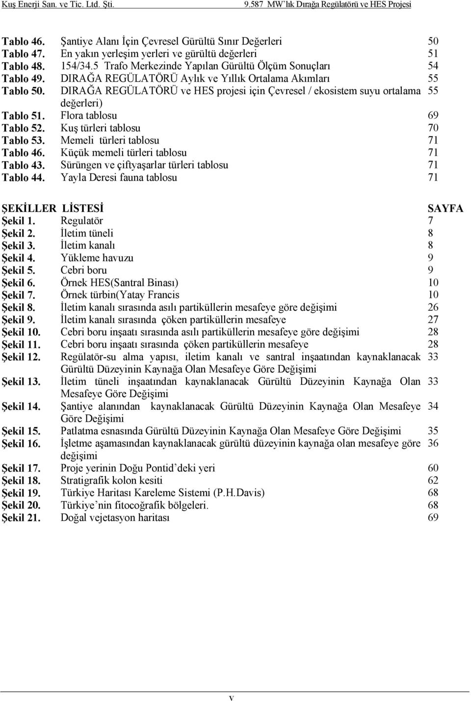 DIRAĞA REGÜLATÖRÜ ve HES projesi için Çevresel / ekosistem suyu ortalama 55 değerleri) Tablo 51. Flora tablosu 69 Tablo 52. Kuş türleri tablosu 70 Tablo 53. Memeli türleri tablosu 71 Tablo 46.