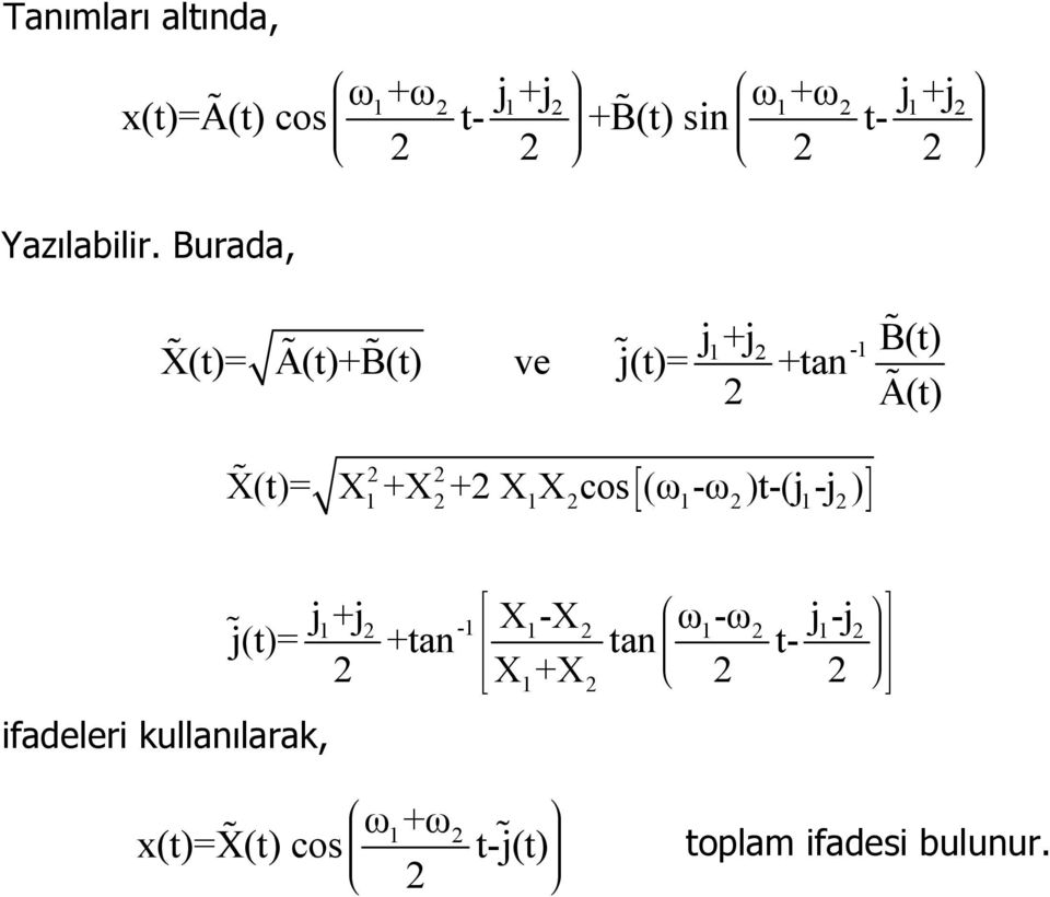 Burada, X(t)= A(t)+B(t) ve j(t)= j+j 1-1 B(t) +ta A(t) X(t)= X +X + X X cos (ω -ω )t-(j