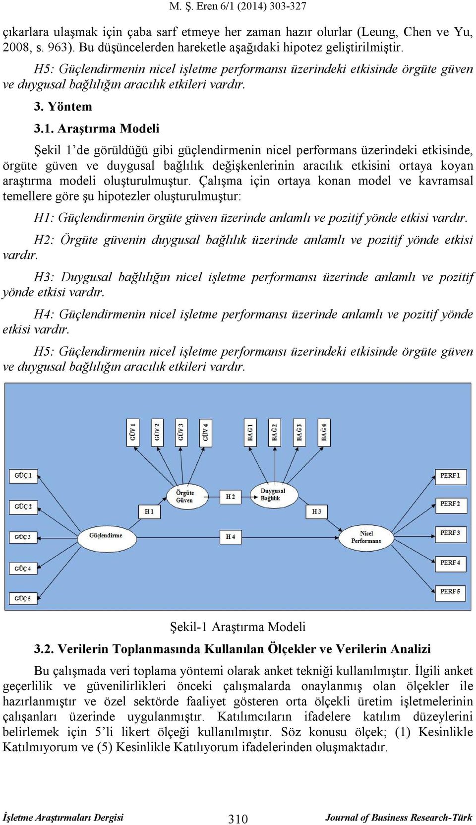 Araştırma Modeli Şekil 1 de görüldüğü gibi güçlendirmenin nicel performans üzerindeki etkisinde, örgüte güven ve duygusal bağlılık değişkenlerinin aracılık etkisini ortaya koyan araştırma modeli