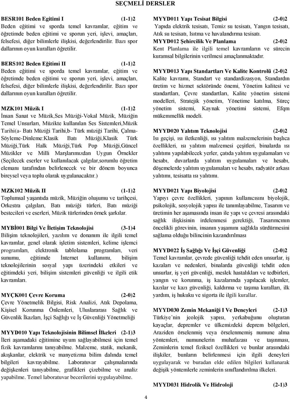 BERS102 Beden Eğitimi II (1-1)2 Beden eğitimi ve sporda temel kavramlar, eğitim ve öğretimde beden eğitimi ve sporun yeri, işlevi, amaçları, felsefesi, diğer bilimlerle ilişkisi,  MZK101 Müzik I