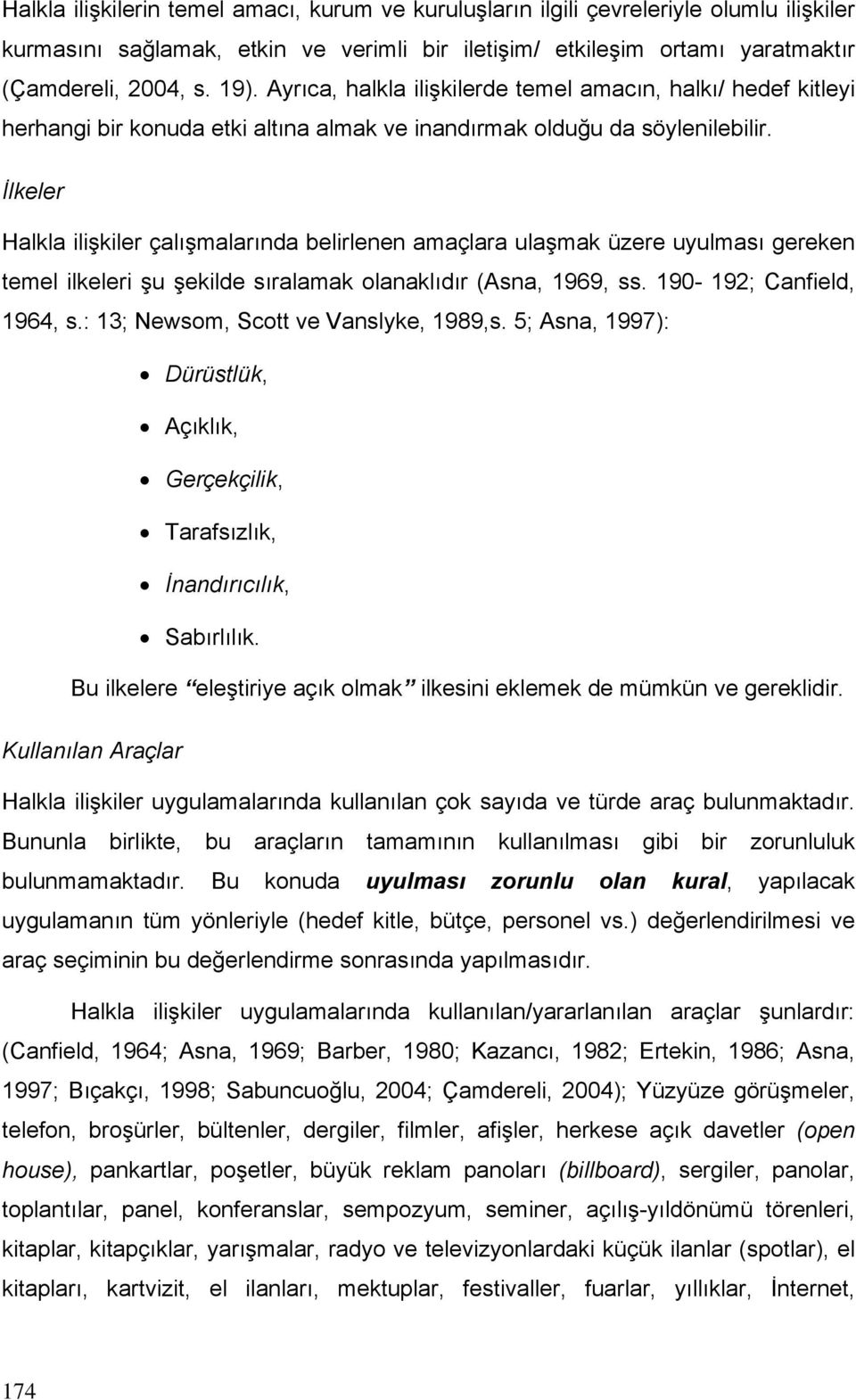 İlkeler Halkla ilişkiler çalışmalarında belirlenen amaçlara ulaşmak üzere uyulması gereken temel ilkeleri şu şekilde sıralamak olanaklıdır (Asna, 1969, ss. 190-192; Canfield, 1964, s.