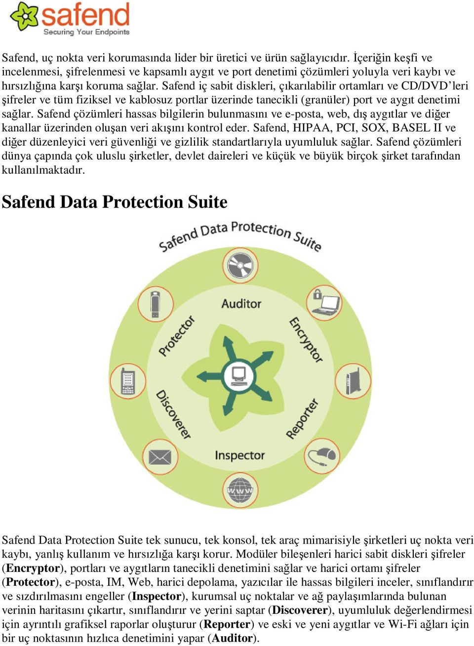 Safend iç sabit diskleri, çıkarılabilir ortamları ve CD/DVD leri şifreler ve tüm fiziksel ve kablosuz portlar üzerinde tanecikli (granüler) port ve aygıt denetimi sağlar.