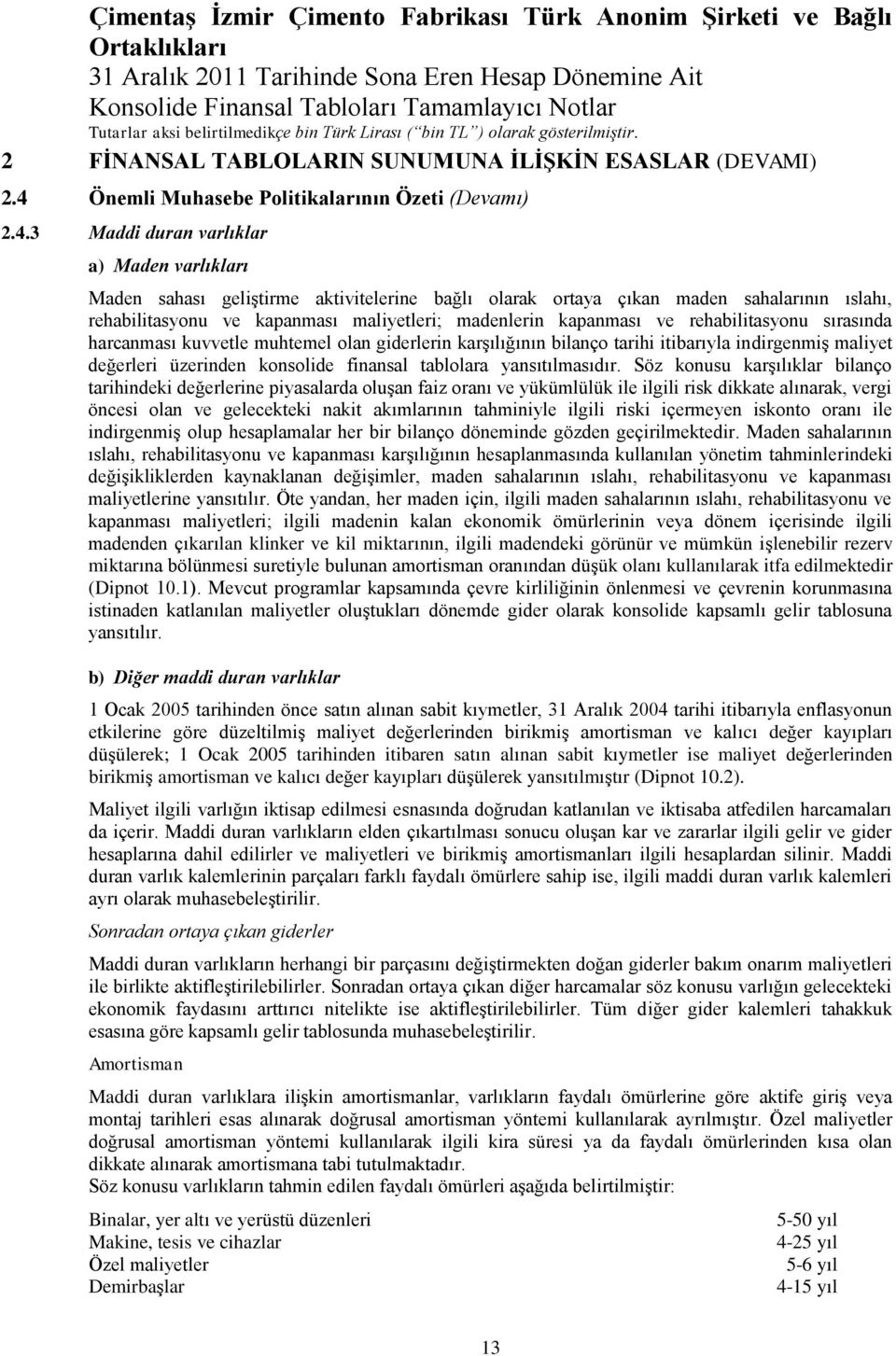 3 Maddi duran varlıklar a) Maden varlıkları Maden sahası geliştirme aktivitelerine bağlı olarak ortaya çıkan maden sahalarının ıslahı, rehabilitasyonu ve kapanması maliyetleri; madenlerin kapanması