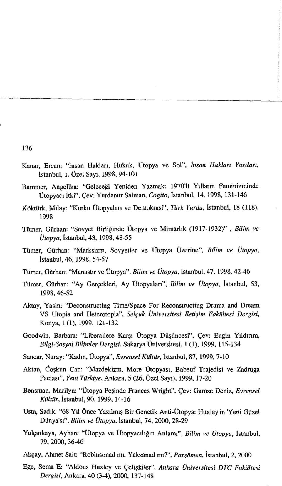 Utopyalan ve Demokrasi", TUrk Yurdu, tstanbul, 18 (118), 1998 TUrner, GUrhan: "Sovyet Birliginde Utopya ve Mimarhk (1917-1932)", Bilim ve Utopya, istanbul, 43, 1998,48-55 TUrner, GUrhan: "Marksizm,