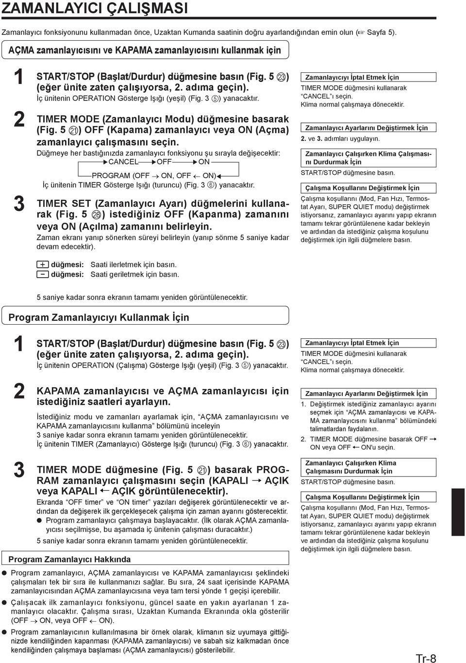 İç ünitenin OPERATION Gösterge Işığı (yeşil) (Fig. 3 5) yanacaktır. TIMER MODE (Zamanlayıcı Modu) düğmesine basarak (Fig. 5 K) OFF (Kapama) zamanlayıcı veya ON (Açma) zamanlayıcı çalışmasını seçin.