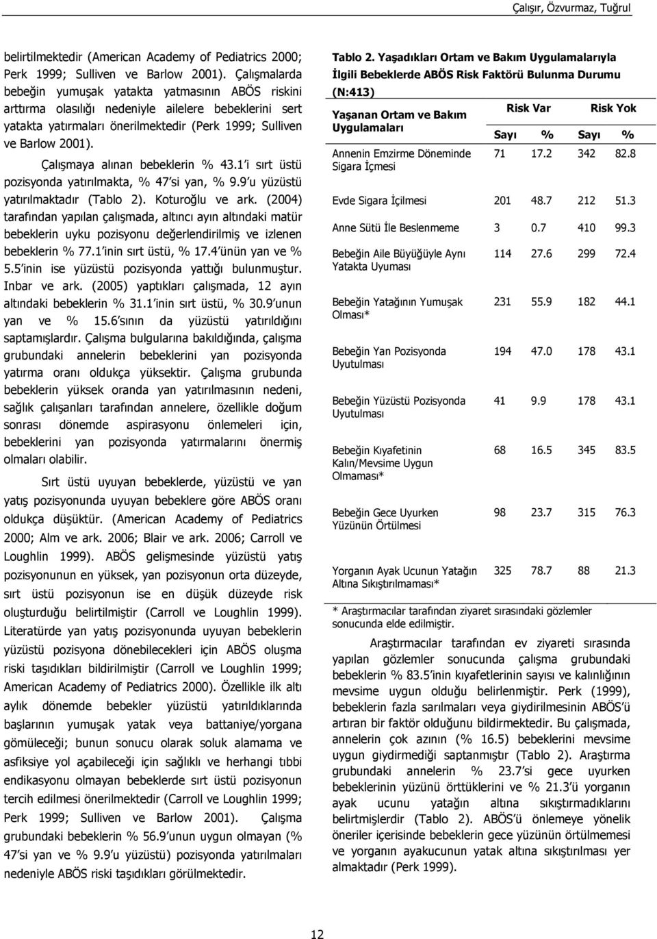 Çalışmaya alınan bebeklerin % 43.1 i sırt üstü pozisyonda yatırılmakta, % 47 si yan, % 9.9 u yüzüstü yatırılmaktadır (Tablo 2). Koturoğlu ve ark.