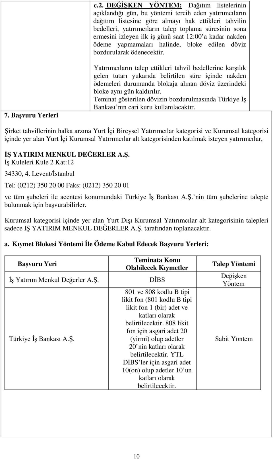 Bavuru Yerleri Yatırımcıların talep ettikleri tahvil bedellerine karılık gelen tutarı yukarıda belirtilen süre içinde nakden ödemeleri durumunda blokaja alınan döviz üzerindeki bloke aynı gün