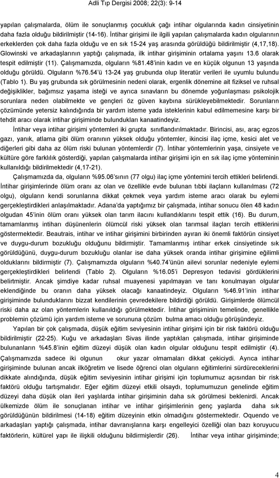 Glowinski ve arkadaşlarının yaptığı çalışmada, ilk intihar girişiminin ortalama yaşını 13.6 olarak tespit edilmiştir (11). Çalışmamızda, olguların %81.