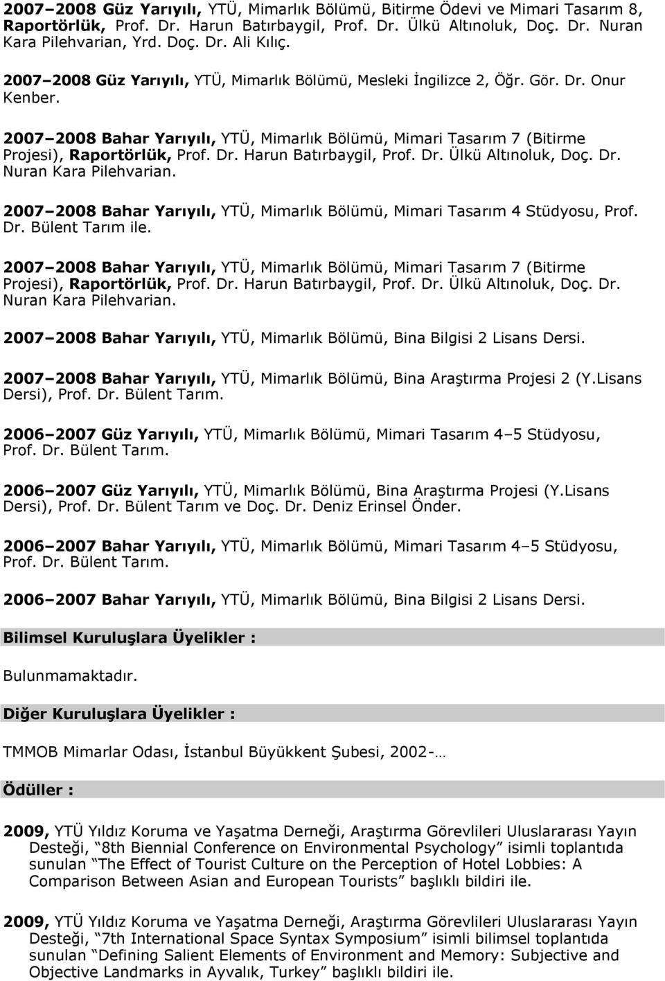 Dr. Ülkü Altınoluk, Doç. Dr. Nuran Kara Pilehvarian. 2007 2008 Bahar Yarıyılı, YTÜ, Mimarlık Bölümü, Mimari Tasarım 4 Stüdyosu, Prof. Dr. Bülent Tarım ile.