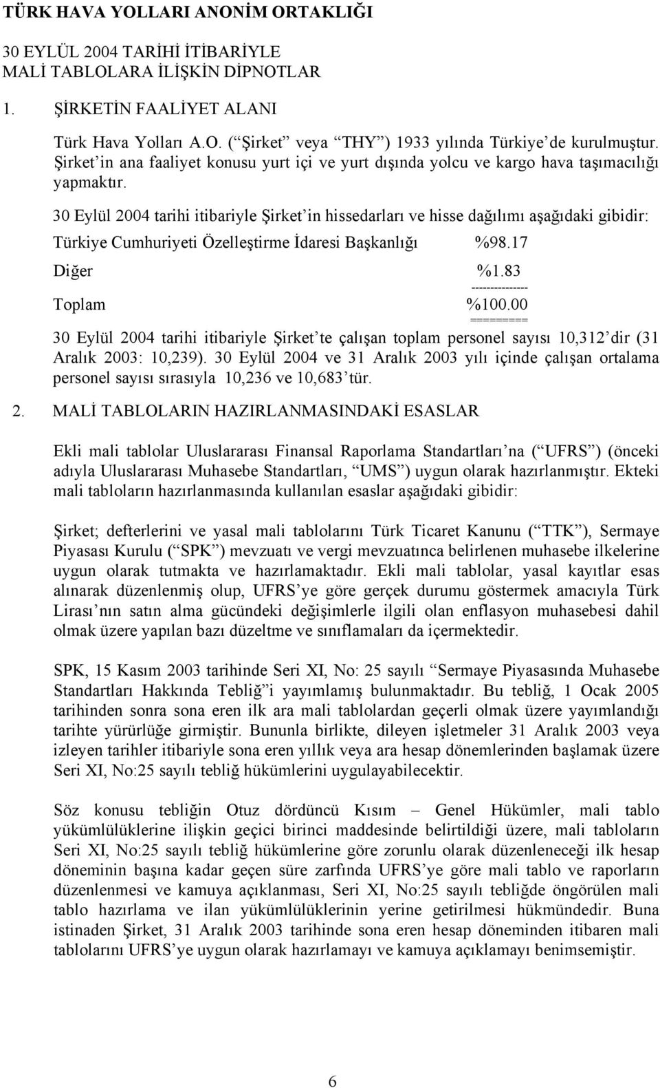 tarihi itibariyle Şirket in hissedarları ve hisse dağılımı aşağıdaki gibidir: Türkiye Cumhuriyeti Özelleştirme İdaresi Başkanlığı %98.17 Diğer %1.83 --------------- Toplam %100.