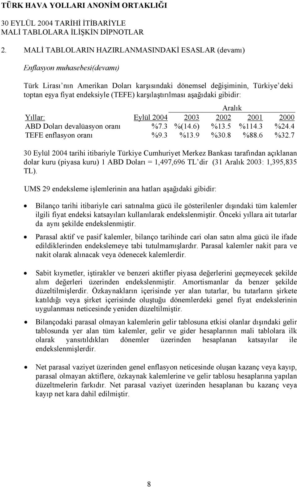 7 tarihi itibariyle Türkiye Cumhuriyet Merkez Bankası tarafından açıklanan dolar kuru (piyasa kuru) 1 ABD Doları = 1,497,696 TL dir (31 Aralık 2003: 1,395,835 TL).