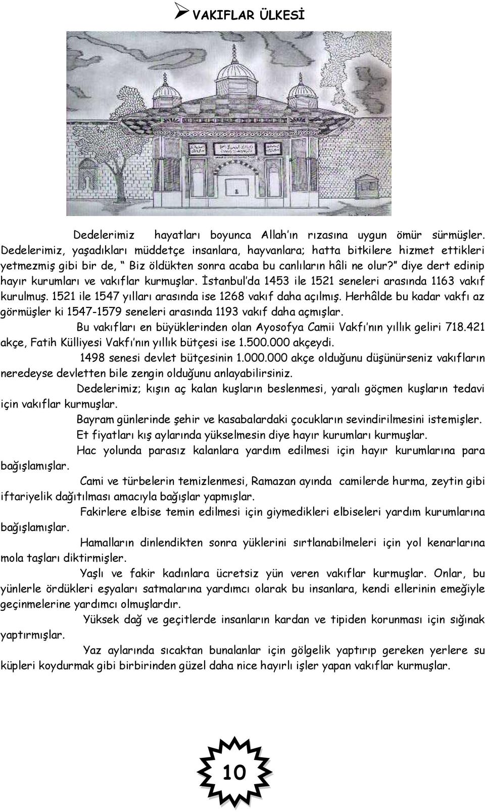diye dert edinip hayır kurumları ve vakıflar kurmuşlar. İstanbul da 1453 ile 1521 seneleri arasında 1163 vakıf kurulmuş. 1521 ile 1547 yılları arasında ise 1268 vakıf daha açılmış.