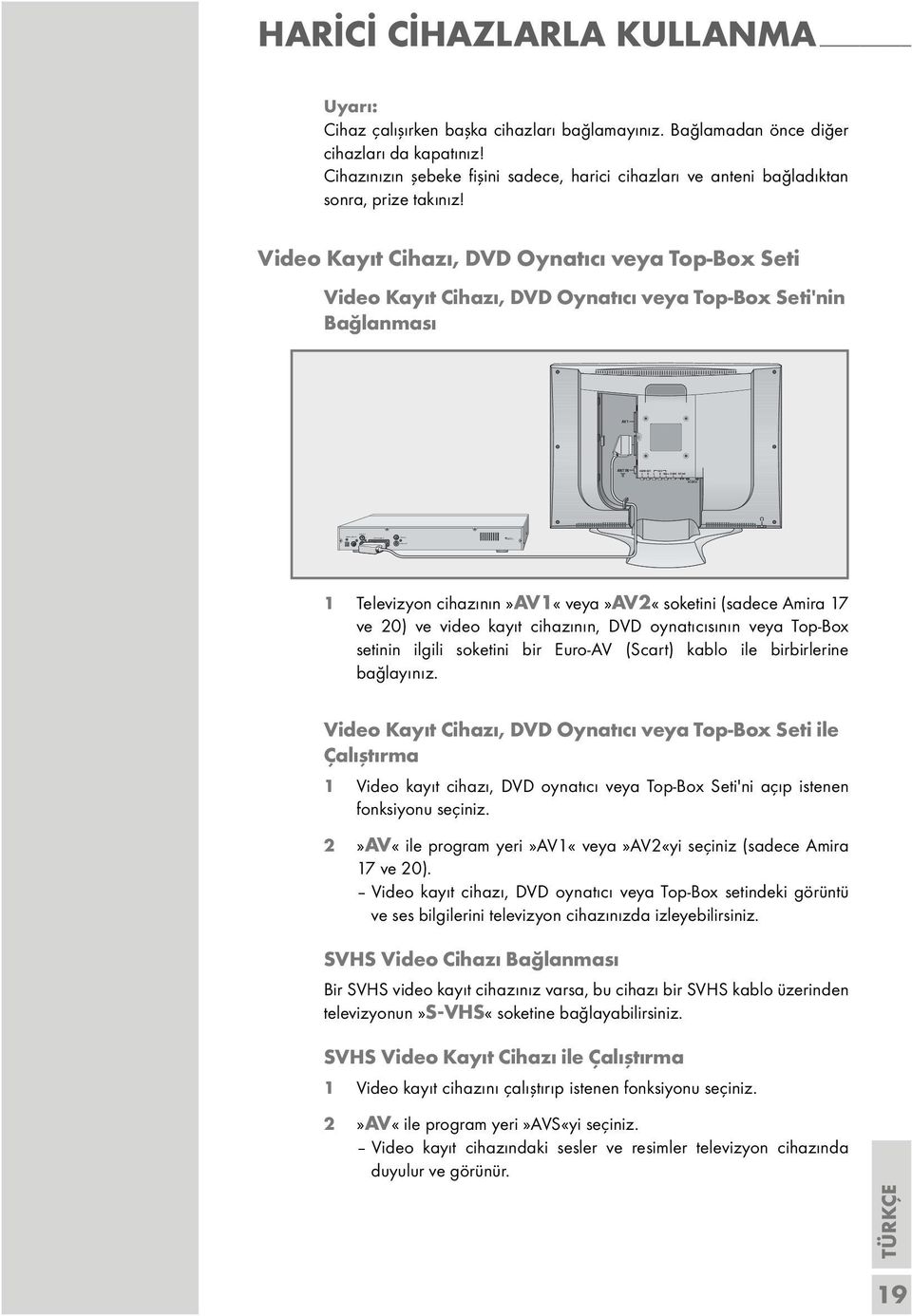 Video Kayıt Cihazı, DVD Oynatıcı veya Top-Box Seti Video Kayıt Cihazı, DVD Oynatıcı veya Top-Box Seti'nin Bağlanması 1 Televizyon cihazının»av1«veya»av2«soketini (sadece Amira 17 ve 20) ve video