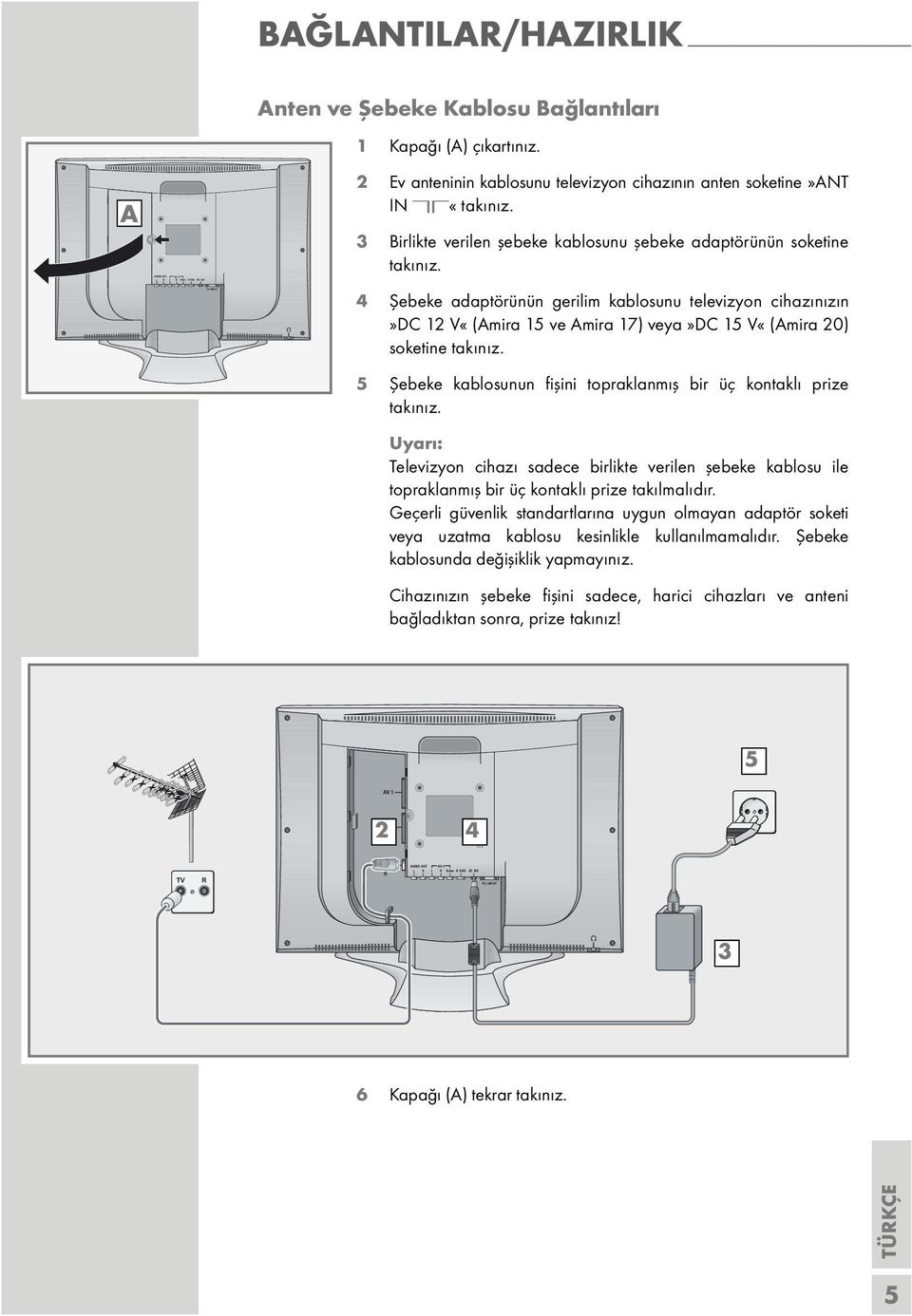 4 Şebeke adaptörünün gerilim kablosunu televizyon cihazınızın»dc 12 V«(Amira 15 ve Amira 17) veya»dc 15 V«(Amira 20) soketine takınız.