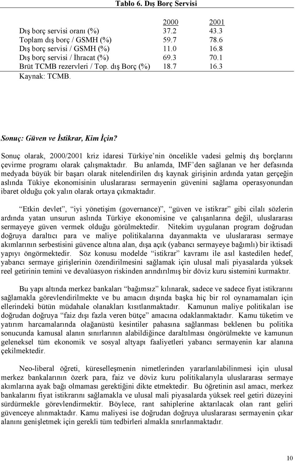 Sonuç olarak, 2000/2001 kriz idaresi Türkiye nin öncelikle vadesi gelmiş dış borçlarını çevirme programı olarak çalışmaktadır.