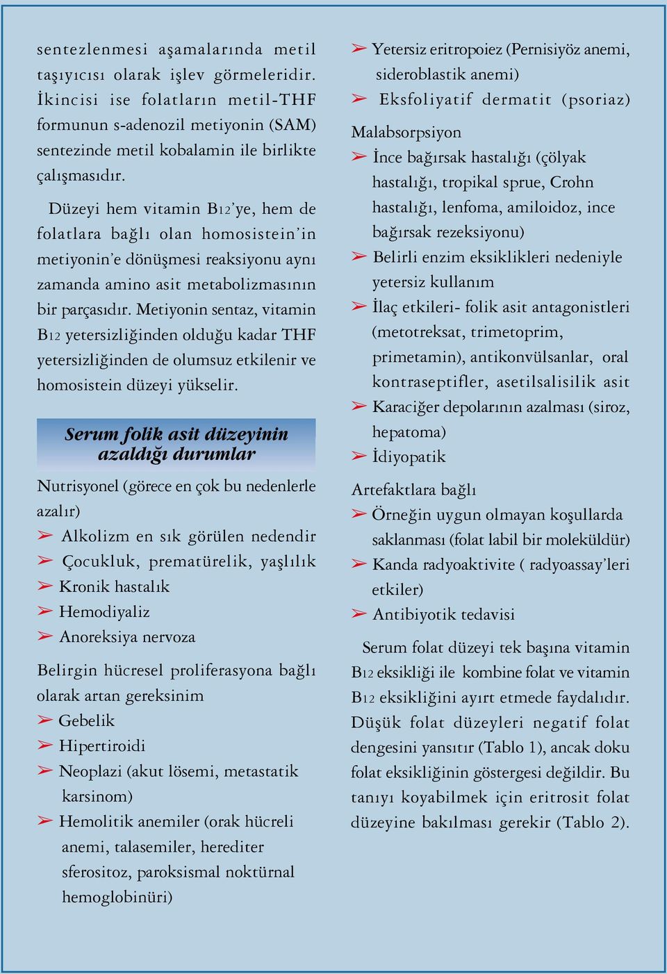 Metiyonin sentaz, vitamin B12 yetersizli inden oldu u kadar THF yetersizli inden de olumsuz etkilenir ve homosistein düzeyi yükselir.