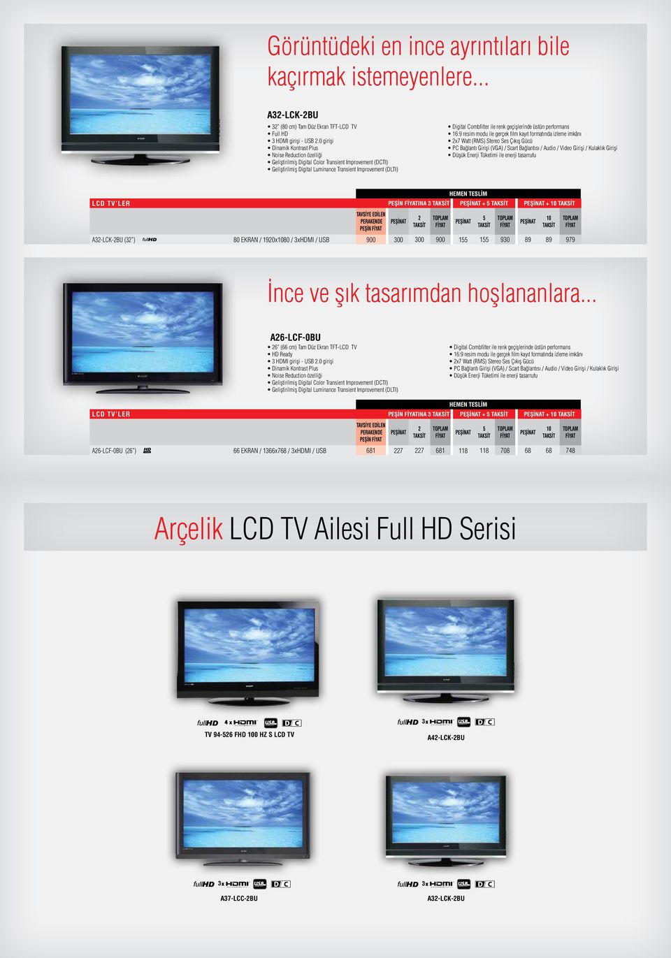 performans 16:9 resim modu ile gerçek film kayıt formatında izleme imkânı x7 Watt (RMS) Stereo Ses Çıkış Gücü PC Bağlantı Girişi (VGA) / Scart Bağlantısı / Audio / Video Girişi / Kulaklık Girişi