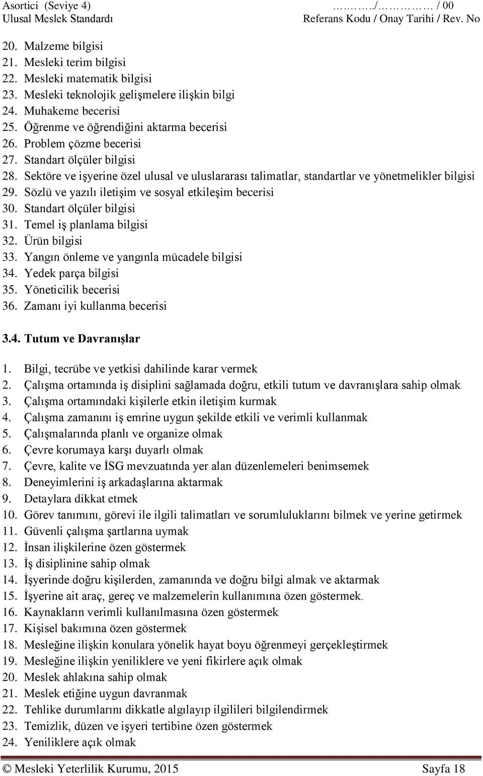 Sözlü ve yazılı iletişim ve sosyal etkileşim becerisi 30. Standart ölçüler bilgisi 31. Temel iş planlama bilgisi 32. Ürün bilgisi 33. Yangın önleme ve yangınla mücadele bilgisi 34.