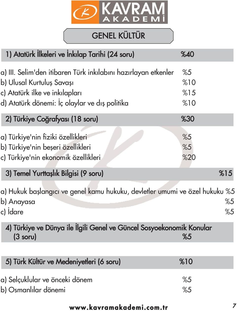 rafyas (18 soru) %30 a) Türkiye'nin fiziki özellikleri %5 b) Türkiye'nin befleri özellikleri %5 c) Türkiye'nin ekonomik özellikleri %20 3) Temel Yurttafll k Bilgisi (9 soru) %15 a) Hukuk