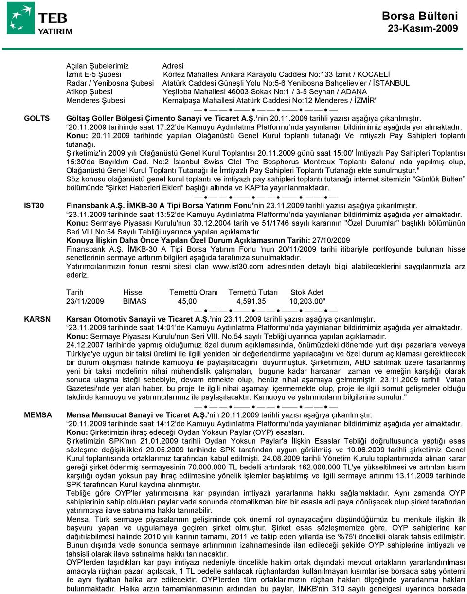 Bölgesi Çimento Sanayi ve Ticaret A.Ş. nin 20.11.2009 tarihli yazısı aşağıya çıkarılmıştır. 20.11.2009 tarihinde saat 17:22 de Kamuyu Aydınlatma Platformu nda yayınlanan bildirimimiz aşağıda yer almaktadır.