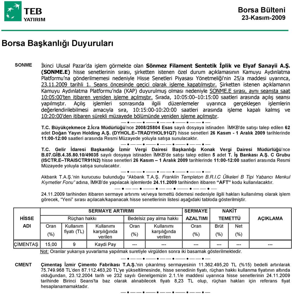 2009 tarihli 1. Seans öncesinde geçici olarak işleme kapatılmıştır. Şirketten istenen açıklamanın Kamuyu Aydınlatma Platformu nda (KAP) duyurulmuş olması nedeniyle SONME.