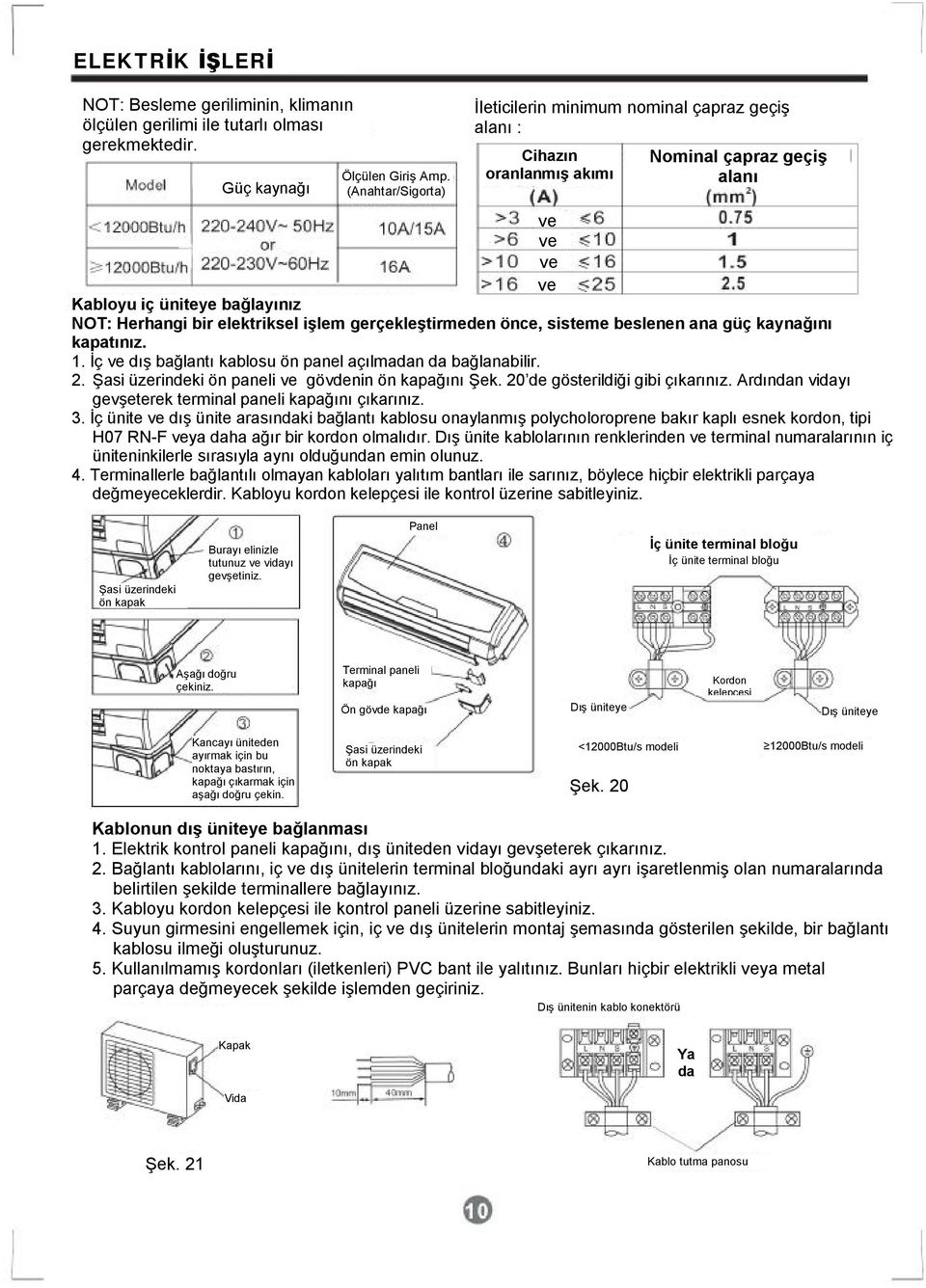 gerçekleştirmeden önce, sisteme beslenen ana güç kaynağını kapatınız. 1. İç ve dış bağlantı kablosu ön panel açılmadan da bağlanabilir. 2. Şasi üzerindeki ön paneli ve gövdenin ön kapağını Şek.