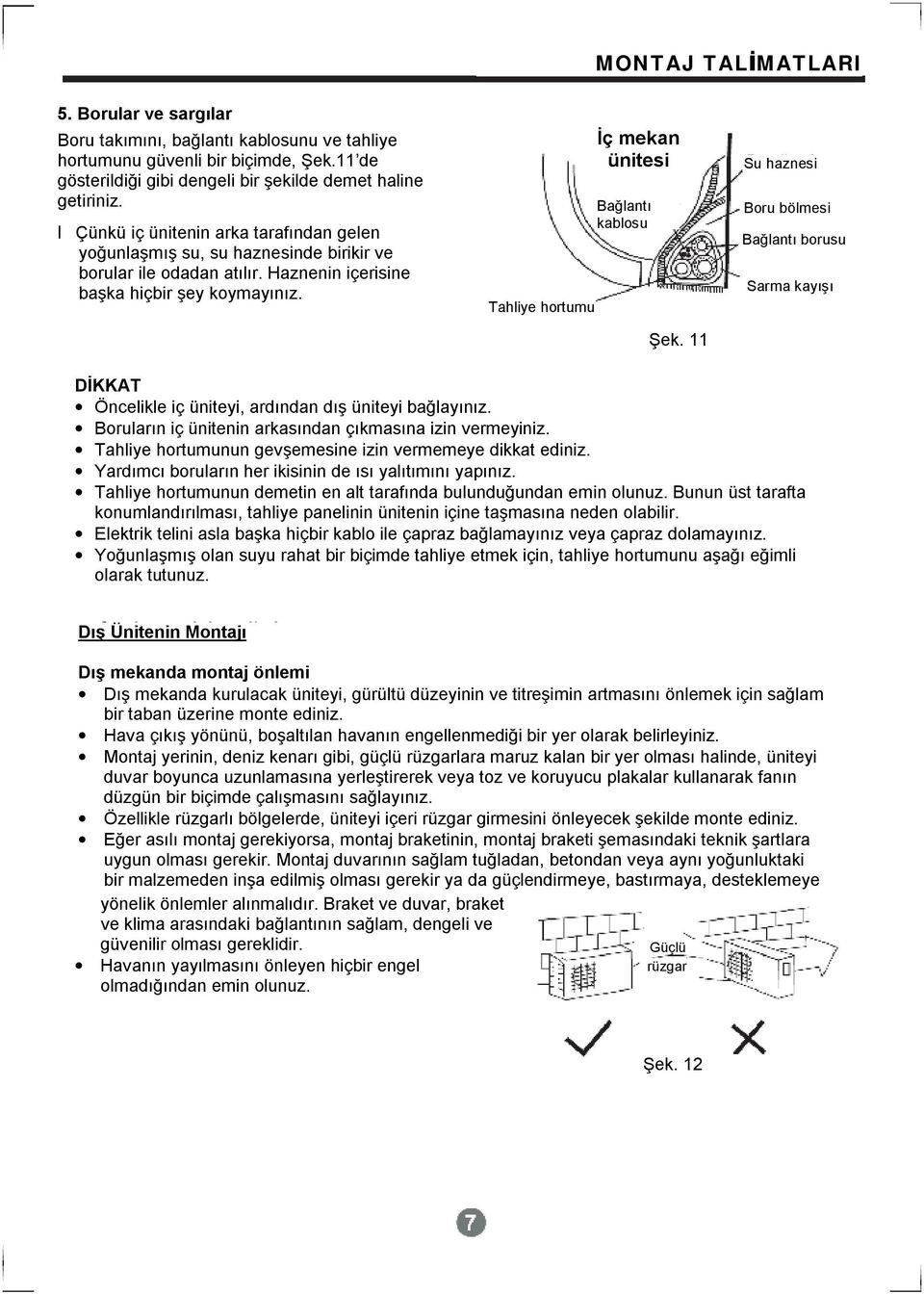 Tahliye hortumu İç mekan ünitesi Bağlantı kablosu Şek. 11 Su haznesi Boru bölmesi Bağlantı borusu Sarma kayışı DİKKAT Öncelikle iç üniteyi, ardından dış üniteyi bağlayınız.
