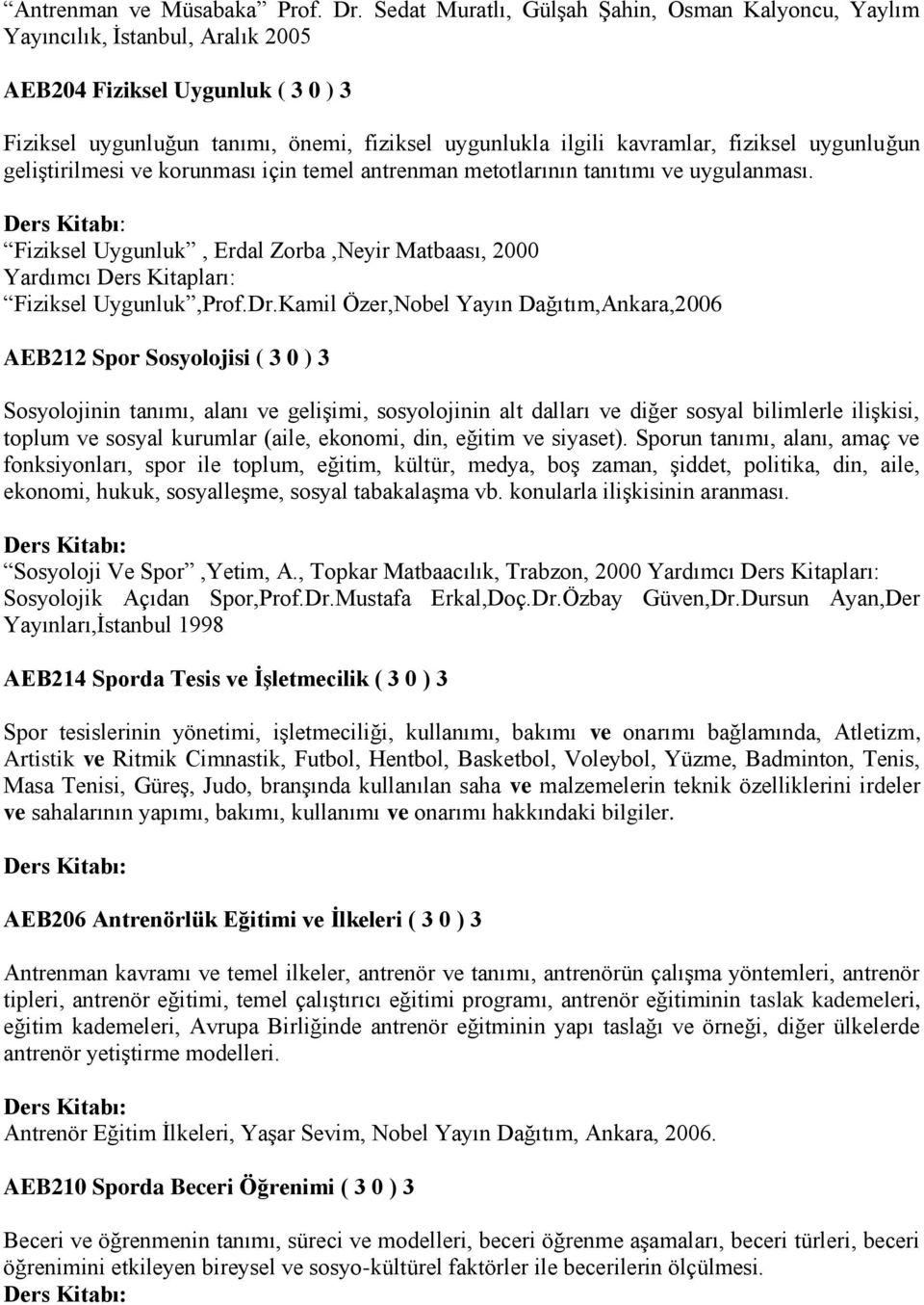 fiziksel uygunluğun geliştirilmesi ve korunması için temel antrenman metotlarının tanıtımı ve uygulanması. Fiziksel Uygunluk, Erdal Zorba,Neyir Matbaası, 2000 Fiziksel Uygunluk,Prof.Dr.