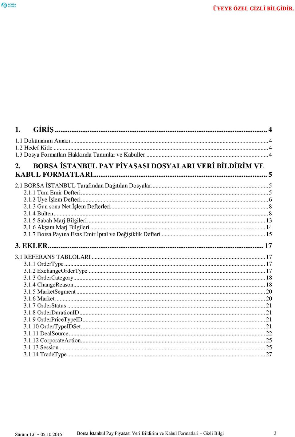 .. 13 2.1.6 Akşam Marj Bilgileri... 14 2.1.7 Borsa Payına Esas Emir İptal ve Değişiklik Defteri... 15 3. EKLER... 17 3.1 REFERANS TABLOLARI... 17 3.1.1 OrderType... 17 3.1.2 ExchangeOrderType... 17 3.1.3 OrderCategory.