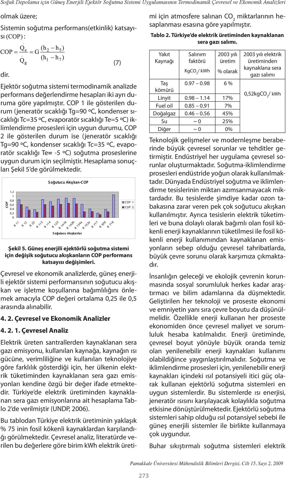 COP 1 ile gösterilen durum (jeneratör sıcaklığı Tg=90 ºC, kondenser sıcaklığı Tc=35 ºC, evaporatör sıcaklığı Te=5 ºC) iklimlendirme prosesleri için uygun durumu, COP 2 ile gösterilen durum ise