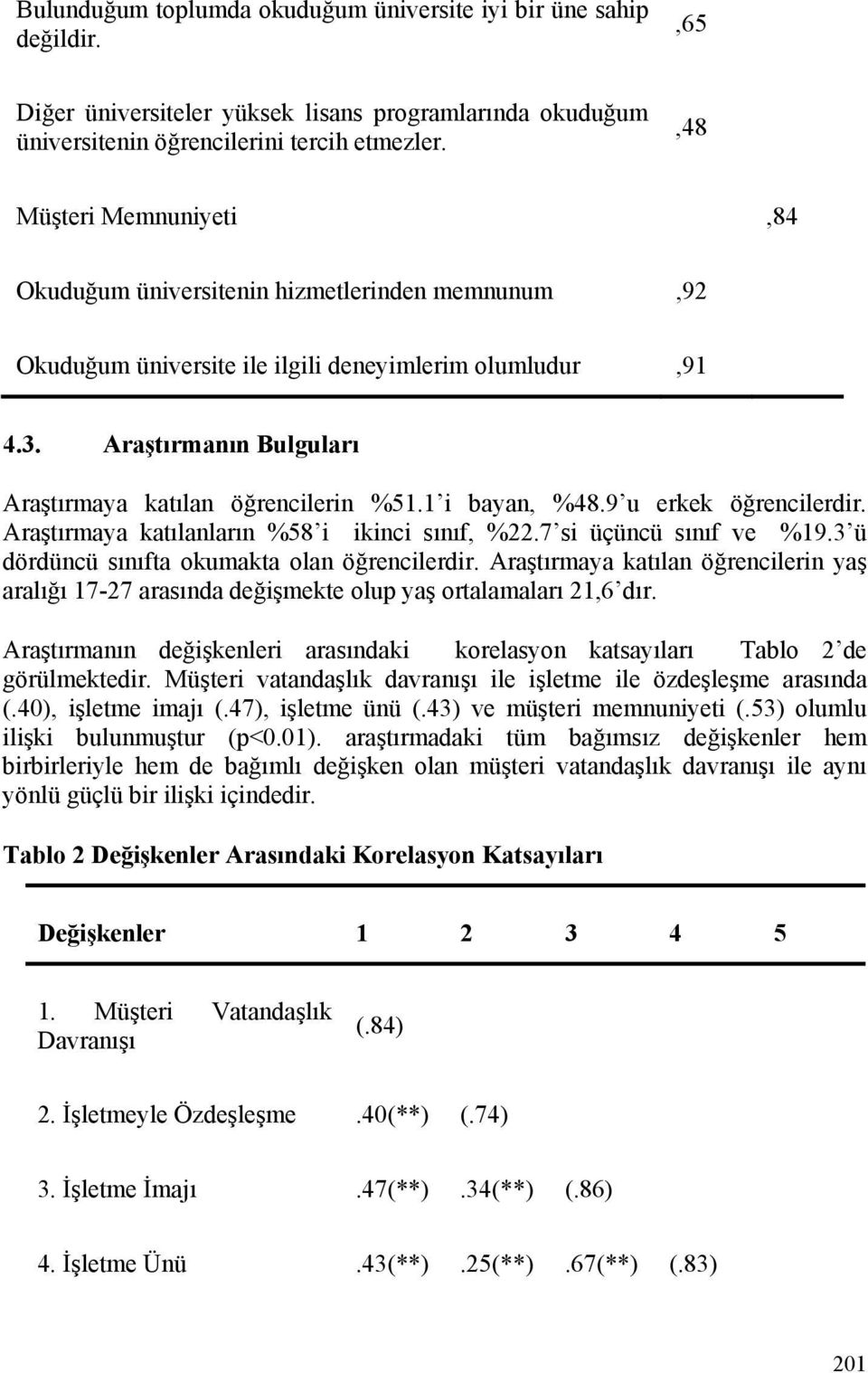 1 i bayan, %48.9 u erkek öğrencilerdir. Araştırmaya katılanların %58 i ikinci sınıf, %22.7 si üçüncü sınıf ve %19.3 ü dördüncü sınıfta okumakta olan öğrencilerdir.