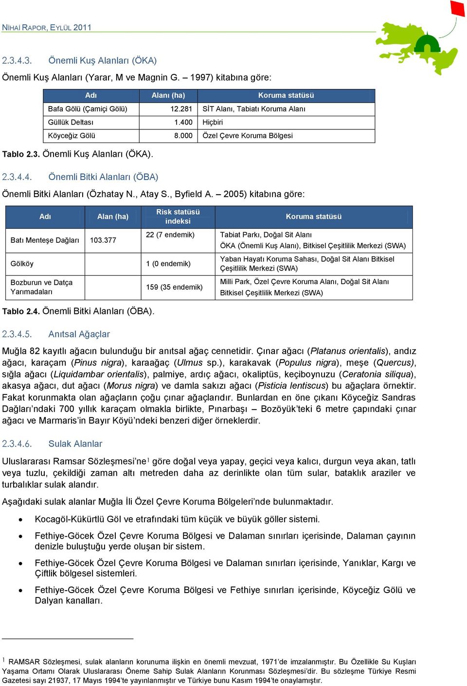 , Atay S., Byfield A. 2005) kitabına göre: Adı Alan (ha) Batı MenteĢe Dağları 103.