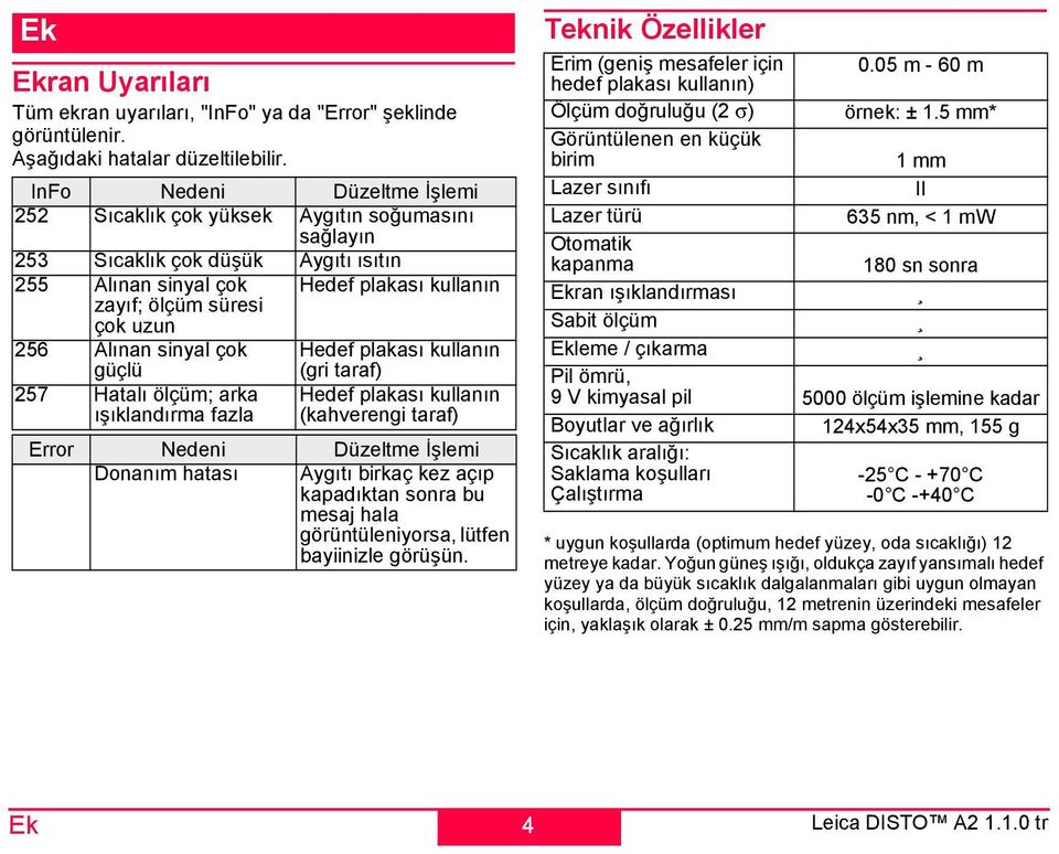 Alınan sinyal çok Hedef plakası kullanın güçlü 257 Hatalı ölçüm; arka ışıklandırma fazla (gri taraf) Hedef plakası kullanın (kahverengi taraf) Error Nedeni Düzeltme İşlemi Donanım hatası Aygıtı