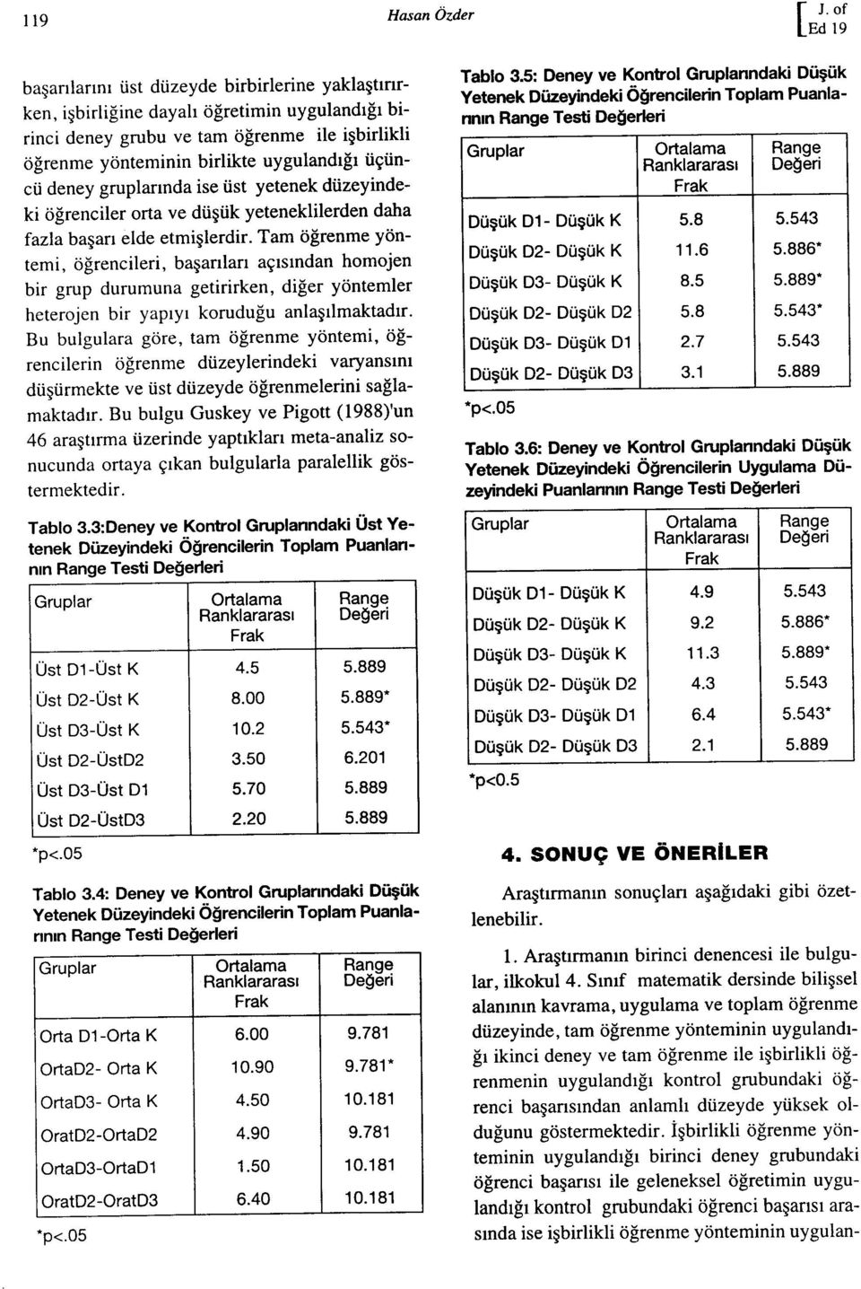 üçüncü deney gruplarında ise üst yetenek düzeyindeki öğrenciler orta ve düşük yeteneklilerden daha fazla başarı elde etmişlerdir.