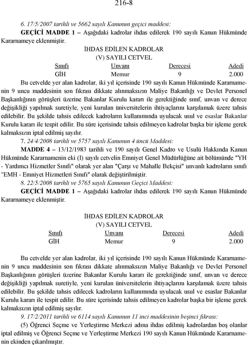 000 Bu cetvelde yer alan kadrolar, iki yıl içerisinde 190 sayılı Kanun Hükmünde Kararnamenin 9 uncu maddesinin son fıkrası dikkate alınmaksızın Maliye Bakanlığı ve Devlet Personel BaĢkanlığının