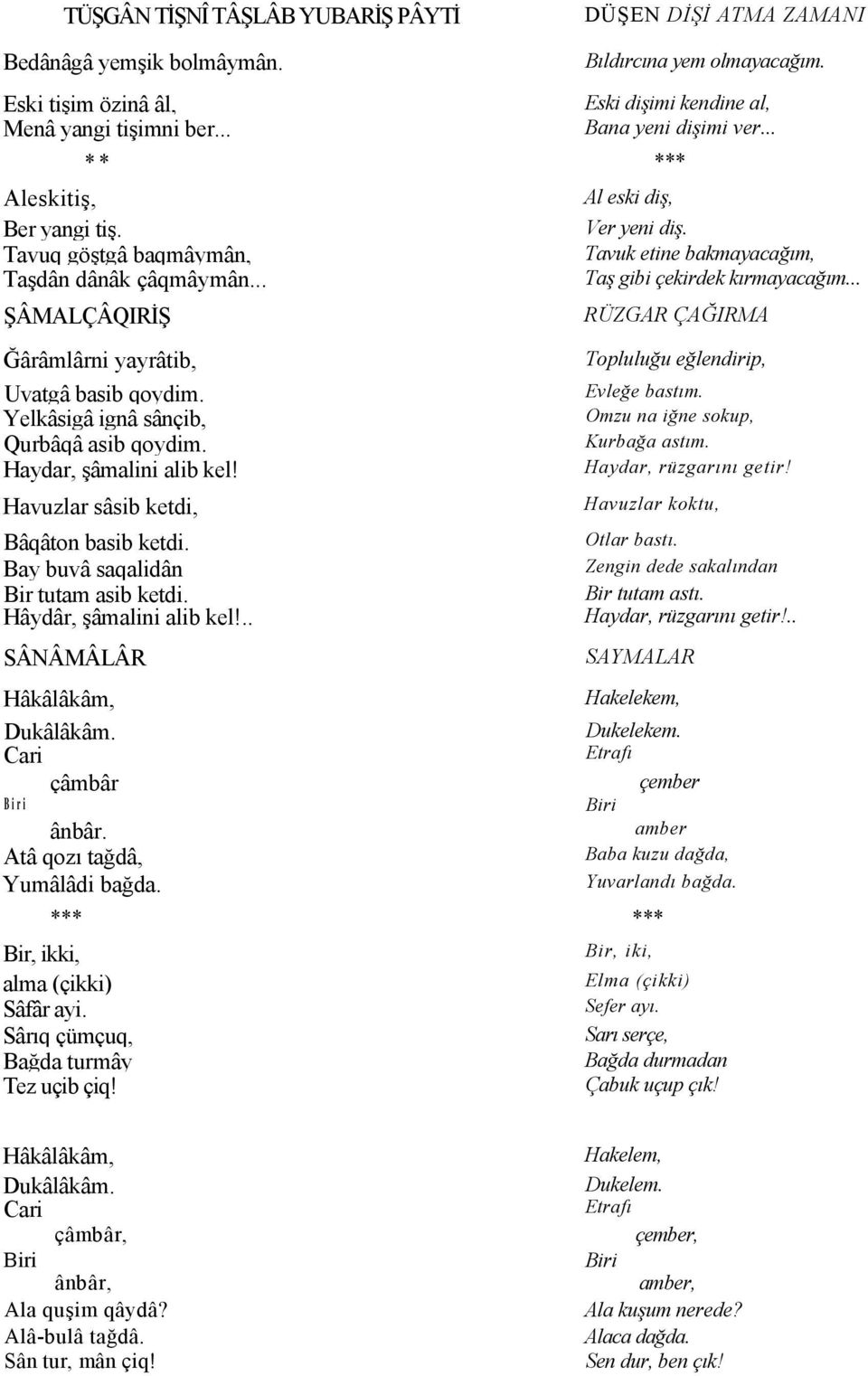 .. ŞÂMALÇÂQIRİŞ RÜZGAR ÇAĞIRMA Ğârâmlârni yayrâtib, Topluluğu eğlendirip, Uvatgâ basib qoydim. Evleğe bastım. Yelkâsigâ ignâ sânçib, Omzu na iğne sokup, Qurbâqâ asib qoydim. Kurbağa astım.