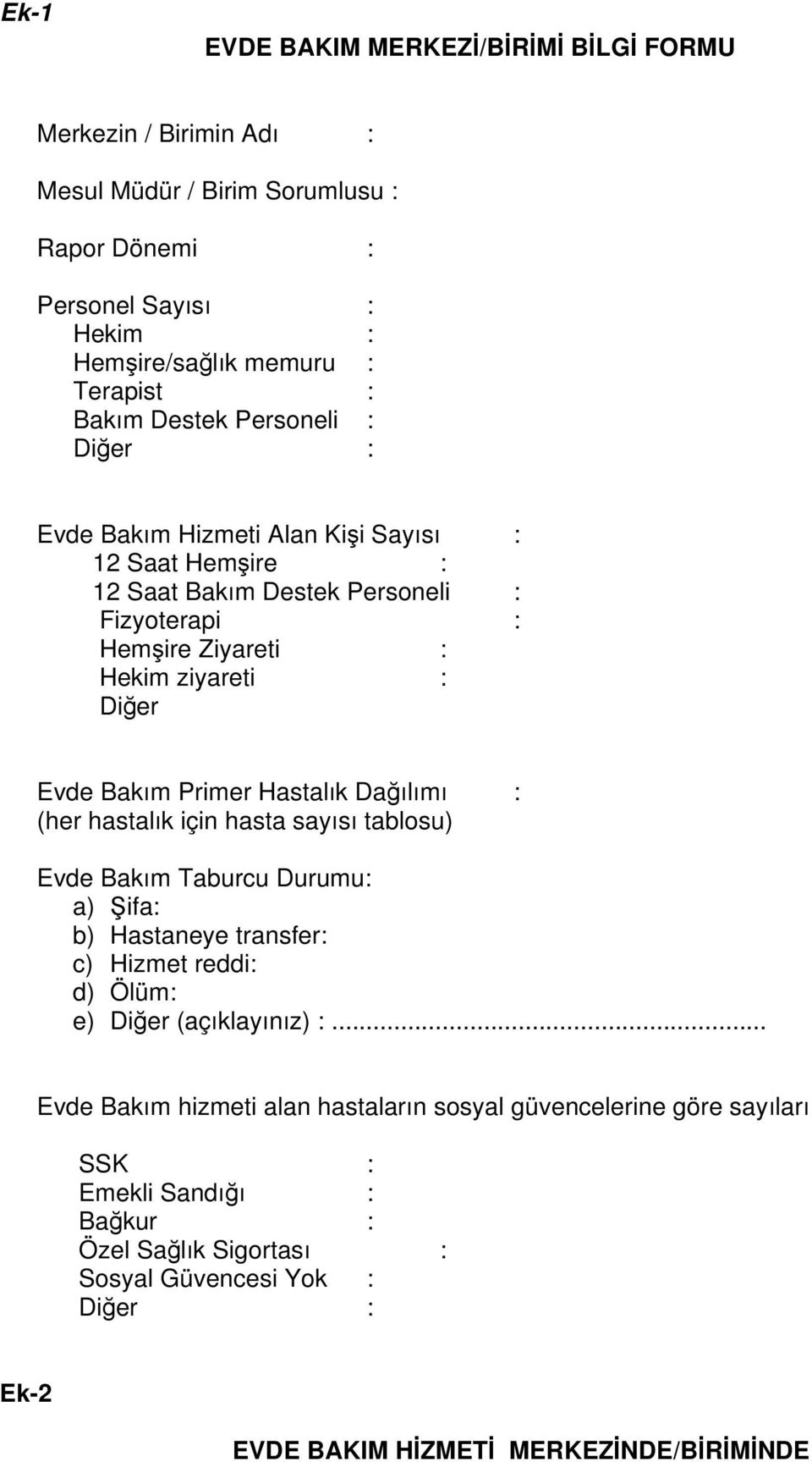 Primer Hastalık Dağılımı : (her hastalık için hasta sayısı tablosu) Evde Bakım Taburcu Durumu: a) Şifa: b) Hastaneye transfer: c) Hizmet reddi: d) Ölüm: e) Diğer (açıklayınız) :.