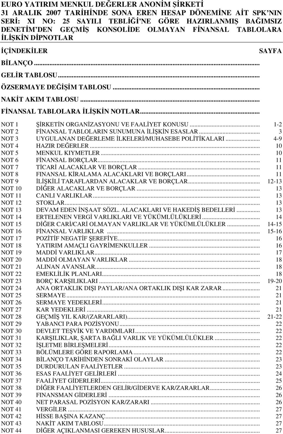 .. 4-9 NOT 4 HAZIR DEĞERLER... 10 NOT 5 MENKUL KIYMETLER... 10 NOT 6 FĐNANSAL BORÇLAR... 11 NOT 7 TĐCARĐ ALACAKLAR VE BORÇLAR... 11 NOT 8 FINANSAL KĐRALAMA ALACAKLARI VE BORÇLARI.