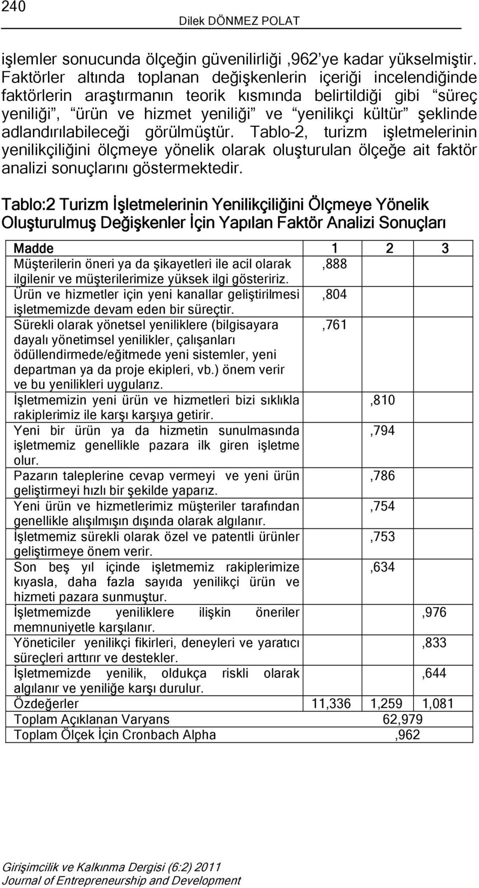 adlandırılabileceği görülmüştür. Tablo 2, turizm işletmelerinin yenilikçiliğini ölçmeye yönelik olarak oluşturulan ölçeğe ait faktör analizi sonuçlarını göstermektedir.