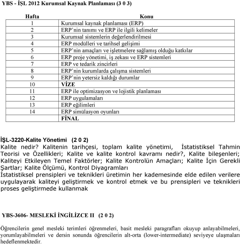 ERP nin yetersiz kaldığı durumlar 10 VİZE 11 ERP ile optimizasyon ve lojistik planlaması 12 ERP uygulamaları 13 ERP eğilimleri 14 ERP simülasyon oyunları FİNAL İŞL-3220-Kalite Yönetimi (2 0 2) Kalite