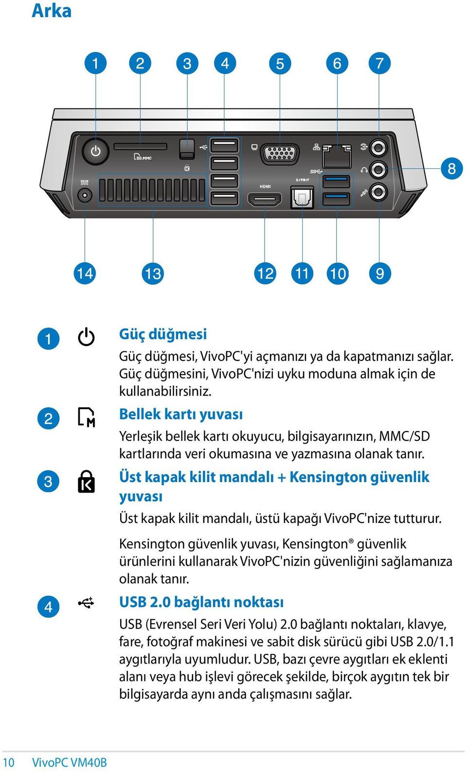 Üst kapak kilit mandalı + Kensington güvenlik yuvası Üst kapak kilit mandalı, üstü kapağı VivoPC'nize tutturur.