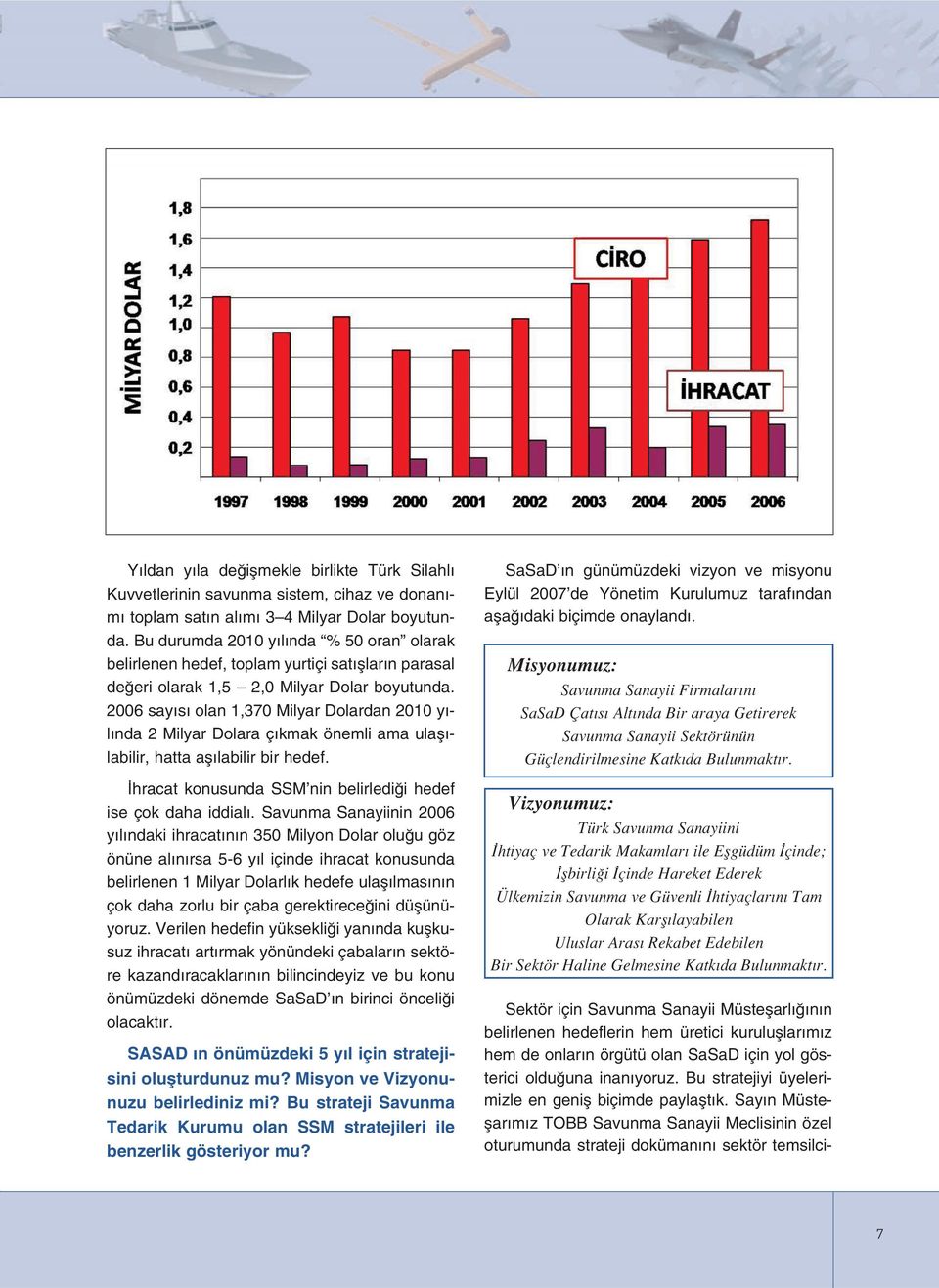 2006 say s olan 1,370 Milyar Dolardan 2010 y - l nda 2 Milyar Dolara ç kmak önemli ama ulafl - labilir, hatta afl labilir bir hedef. hracat konusunda SSM nin belirledi i hedef ise çok daha iddial.