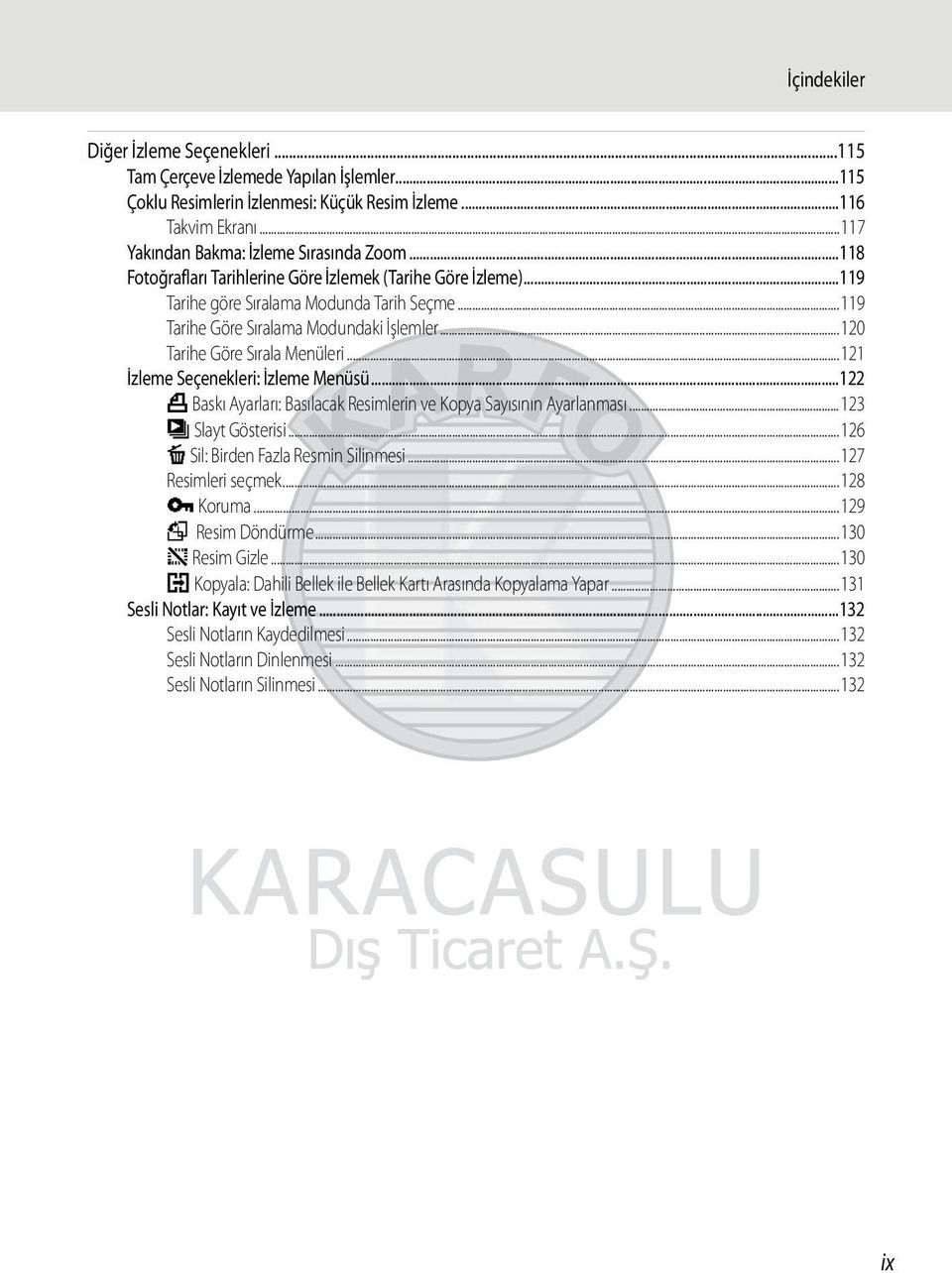 ..121 İzleme Seçenekleri: İzleme Menüsü...122 a Baskı Ayarları: Basılacak Resimlerin ve Kopya Sayısının Ayarlanması...123 b Slayt Gösterisi...126 c Sil: Birden Fazla Resmin Silinmesi.