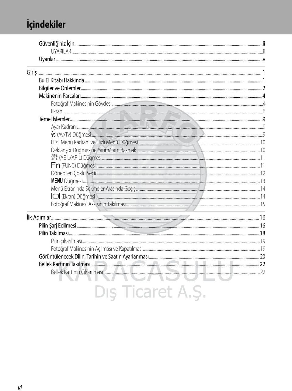 ..11 Dönebilen Çoklu Seçici...12 d Düğmesi...13 Menü Ekranında Sekmeler Arasında Geçiş...14 x (Ekran) Düğmesi...14 Fotoğraf Makinesi Askısının Takılması...15 İlk Adımlar...16 Pilin Şarj Edilmesi.