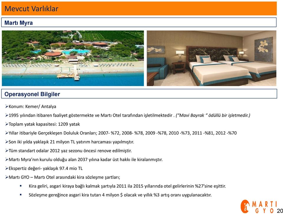 harcaması yapılmıştır. Tüm standart odalar 2012 yaz sezonu öncesi renove edilmiştir. Martı Myra nın kurulu olduğu alan 2037 yılına kadar üst hakkı ile kiralanmıştır. Ekspertiz değeri- yaklaşık 97.