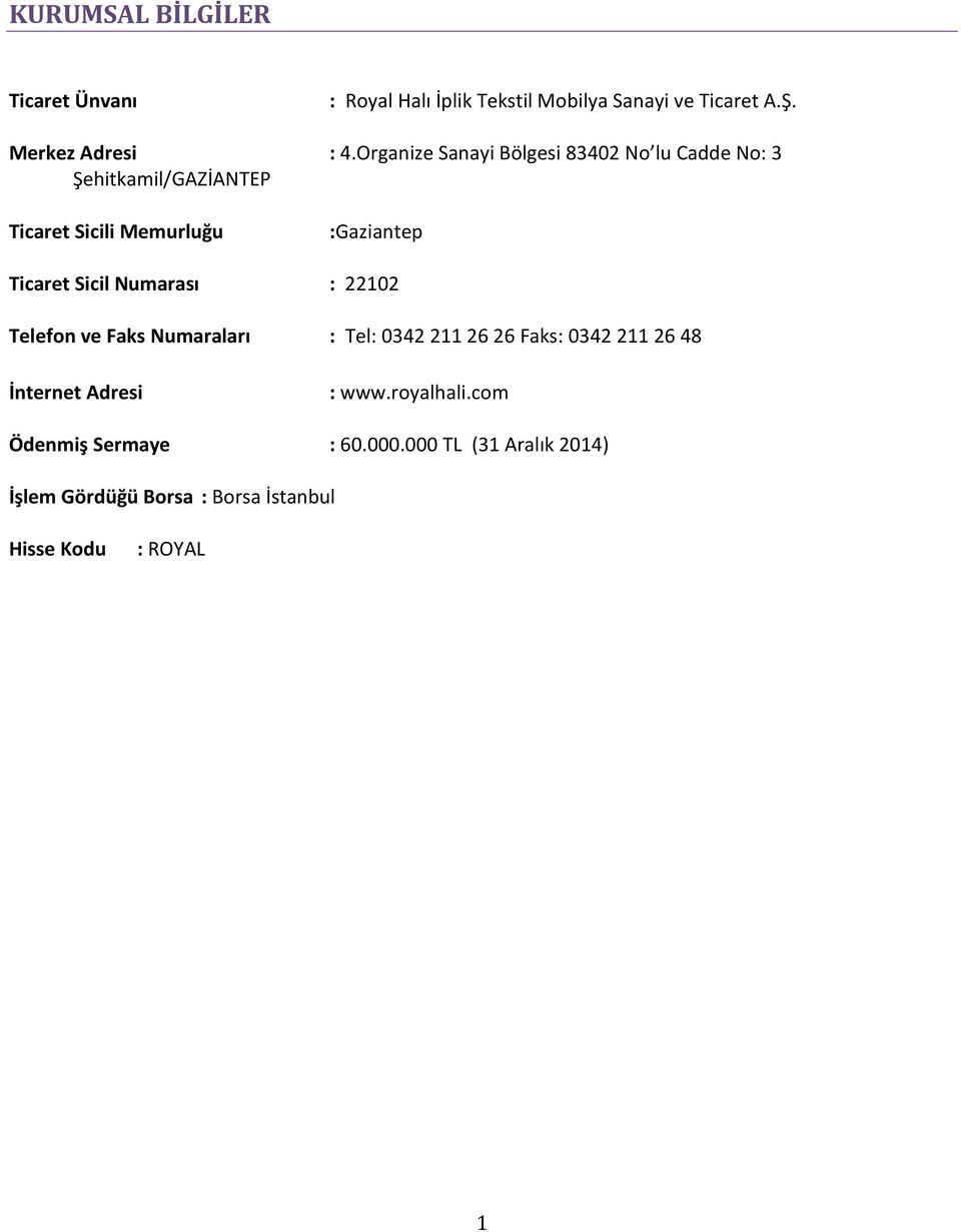 Sicil Numarası : 22102 Telefon ve Faks Numaraları : Tel: 0342 211 26 26 Faks: 0342 211 26 48 İnternet Adresi : www.