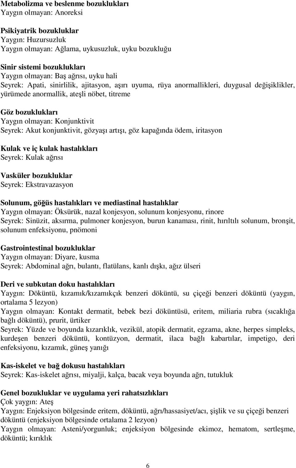 Konjunktivit Seyrek: Akut konjunktivit, gözyaşı artışı, göz kapağında ödem, iritasyon Kulak ve iç kulak hastalıkları Seyrek: Kulak ağrısı Vasküler bozukluklar Seyrek: Ekstravazasyon Solunum, göğüs